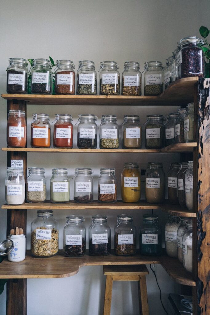 A wooden shelf displaying assorted spices in clear refillable glass jars, encouraging eco-friendly storage. Photo by Anna Tarazevich