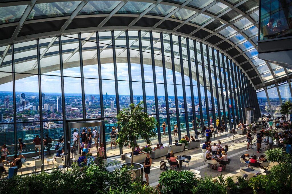 sky garden, london, architecture, tourism, landscape, summer, blue, walkie talkie, nature, relax