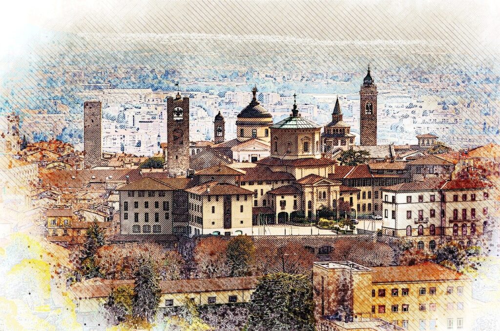 citta alta in bergamo, alta, ancient, architecture, bergamo, cityscape, color pencil, color pencil drawing, europe, exterior, heritage, historic, italia, italian, italy, old, panoramic, pencil draw, pencil illustration, scenic, sketch illustration, skyline, town, townscape, watercolor, bergamo, bergamo, bergamo, bergamo, bergamo, italy, italy
