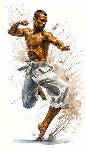 ai generated, man, kung fu, fighter, karate, kick, boxing, defense, exercise, training, fitness, attack, body, fight, splash, watercolour